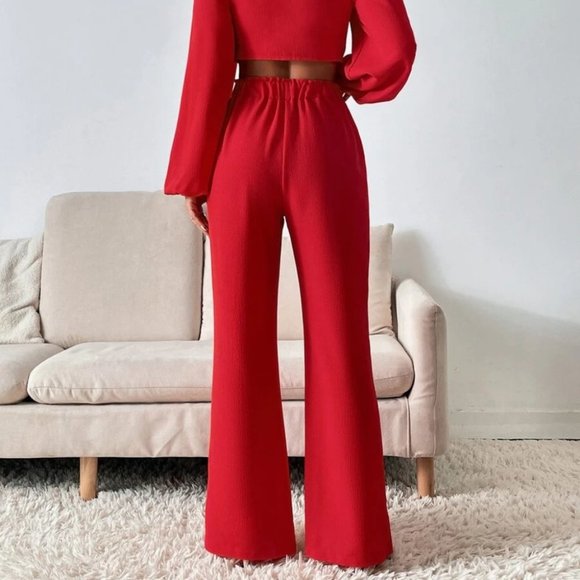 Coord Set Red Lantern long Sleeve Tie Front Crop Top & Wide Leg Pants - Picture 5 of 8